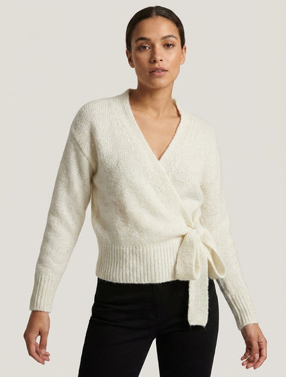 Wickel-Pullover aus schimmerndem Wollmischgewebe - Ecru