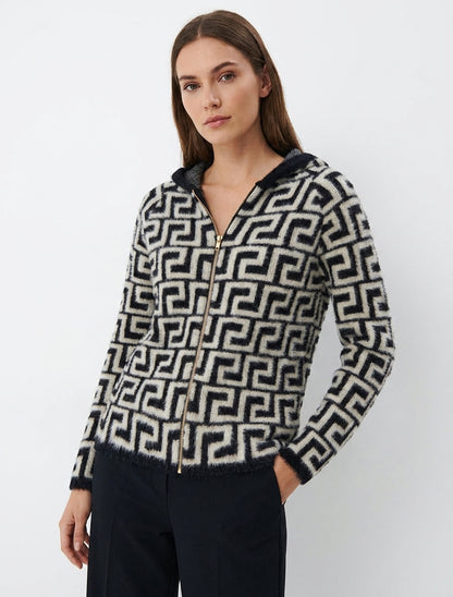 Grafisch bedrucktes Kapuzen-Sweatshirt aus flauschigem Strick - Schwarz