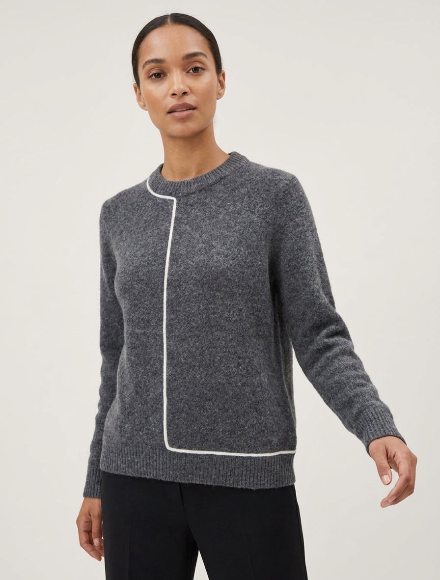 Pullover aus Wollmischung mit Rundhalsausschnitt und kontrastierendem Besatz - Grau