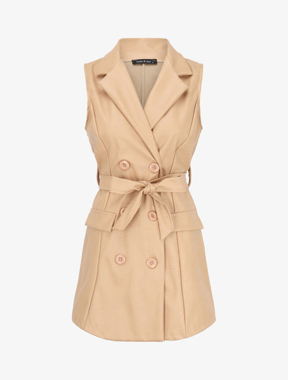 Robe blazer sans manches en simili - Beige - 4