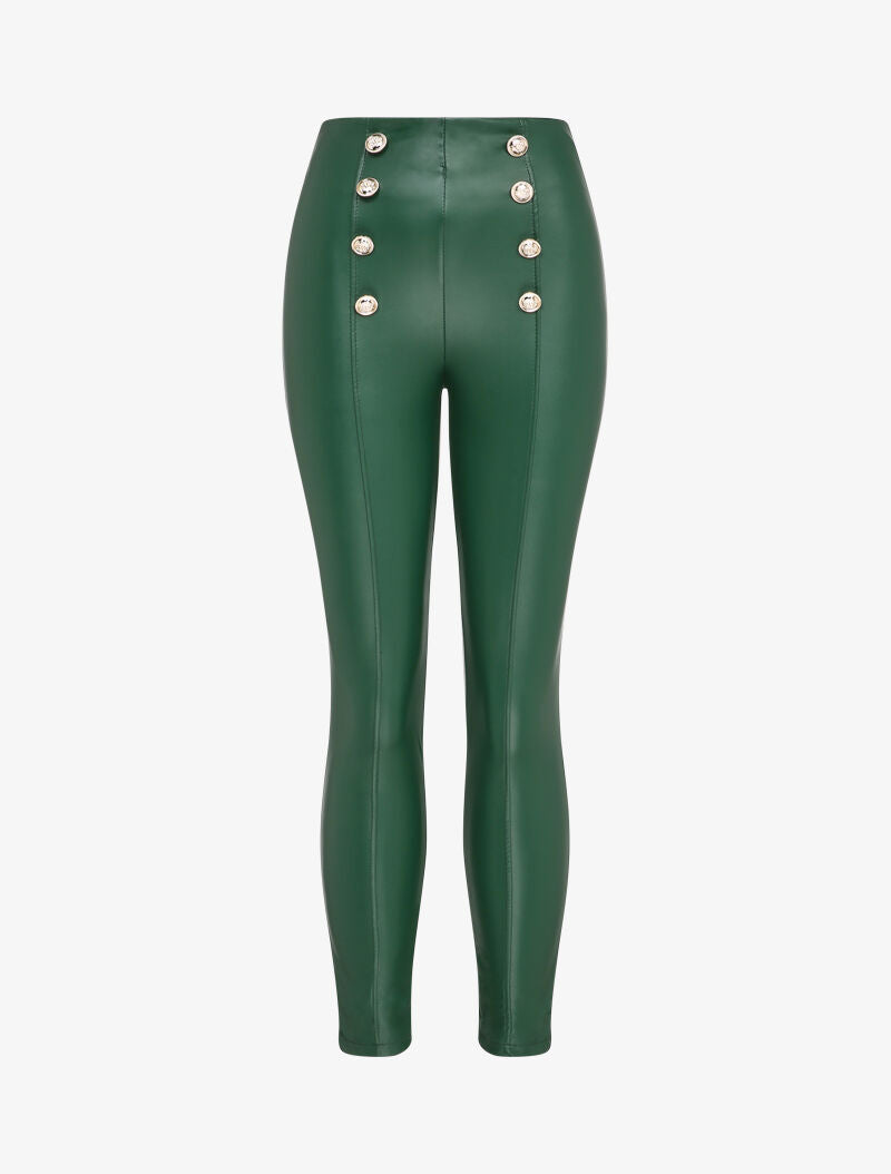 Pantalon en simili à détail boutons - Vert foncé - 1