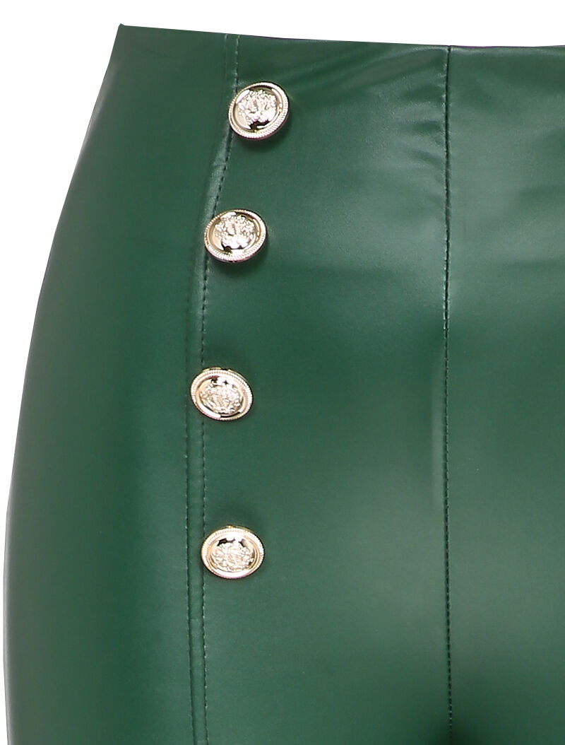 Pantalon en simili à détail boutons - Vert foncé - 3