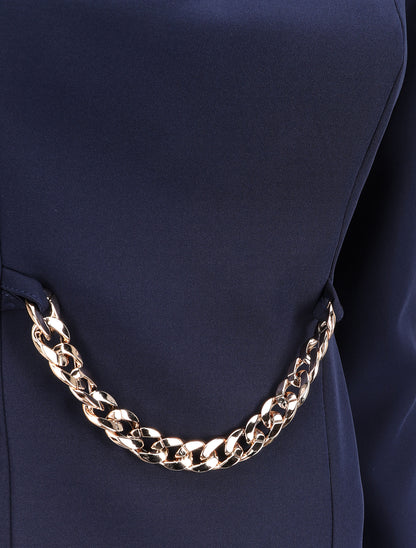 Robe ajustée à col fendu et détail chaîne - Marine - 3