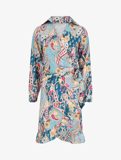 Robe portefeuille volantée à imprimé cachemire stylisé - Bleu - 1