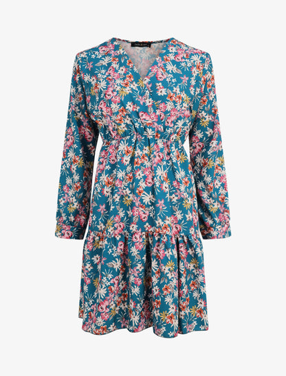Robe patineuse fleurie à col cache-coeur - Bleu canard - 1