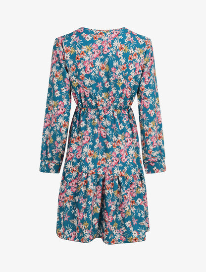 Robe patineuse fleurie à col cache-coeur - Bleu canard - 2