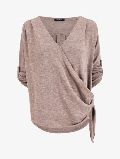 Pull cache-coeur à manches retroussables - Taupe - 4