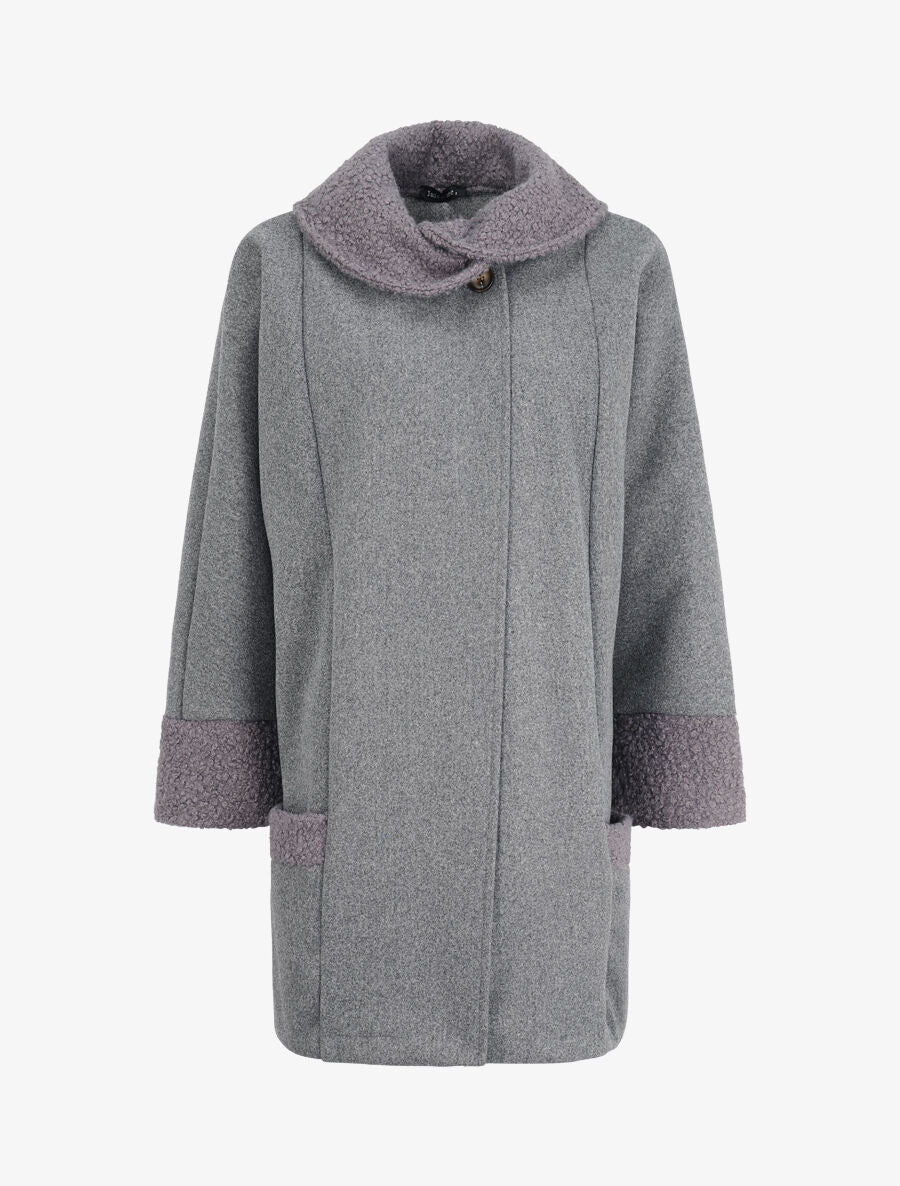 Manteau à col claudine effet laine bouclée - Gris - 1