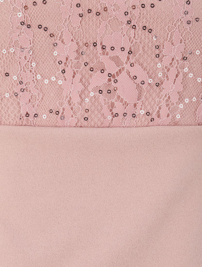 Robe à col montant et buste en dentelle et sequins - Rose poudré - 4