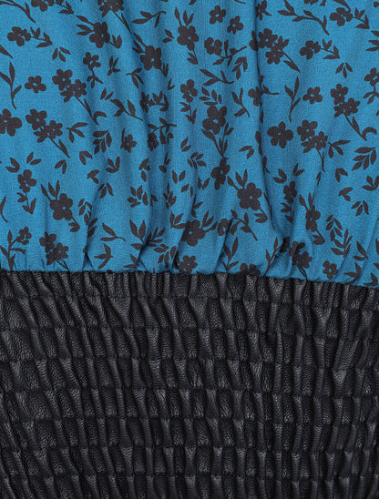 Robe à buste en simili et imprimé petites fleurs - Bleu canard - 3