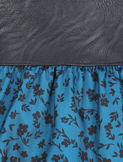 Robe à buste en simili et imprimé petites fleurs - Bleu canard - 4