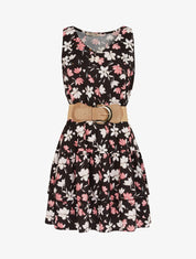 Robe fleurie à volants - Noir - 1