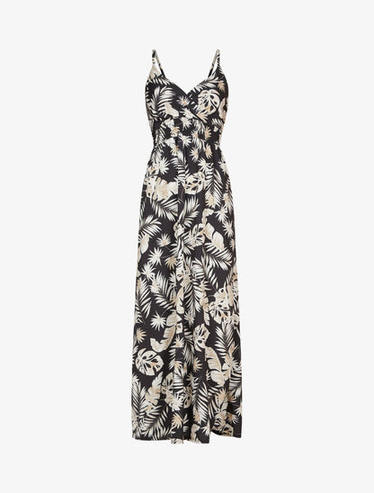 Robe longue imprimé feuillages - Noir - 2