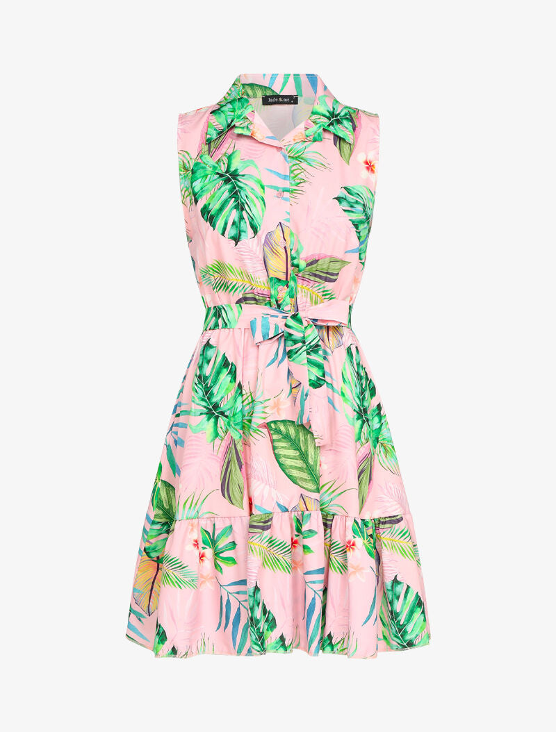 Robe à col chemise et imprimé tropical - Rose - 3