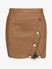 Mini jupe en simili à boutons décoratifs et fente en dentelle - Camel - 1