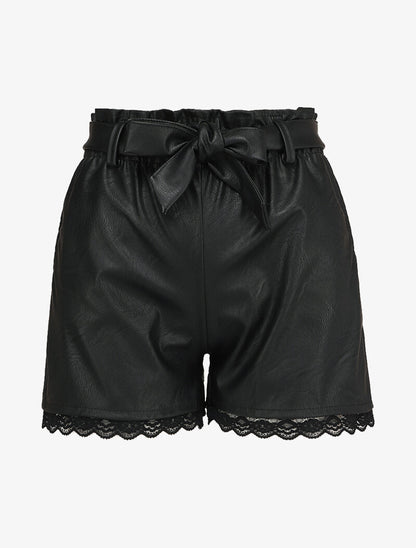 Short paper bag en simili et bords en dentelle - Noir - 1