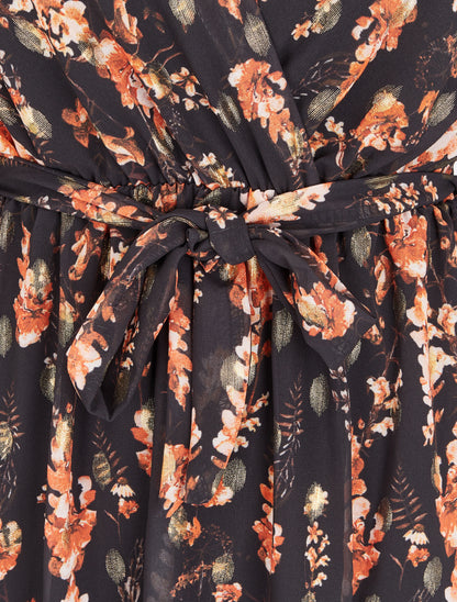 Robe fleurie lamée à col cache-coeur - Noir - 3