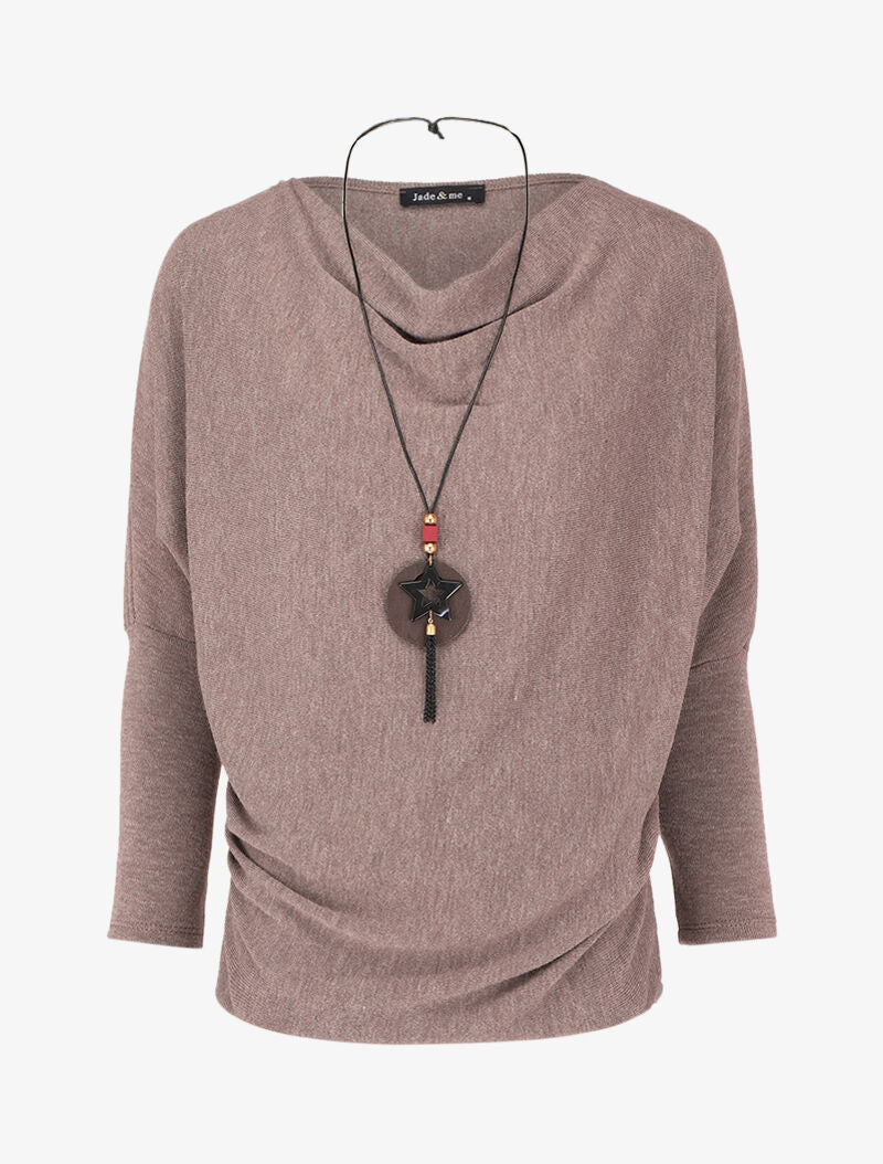Pull fin à col bénitier et manches dolman - Taupe - 1