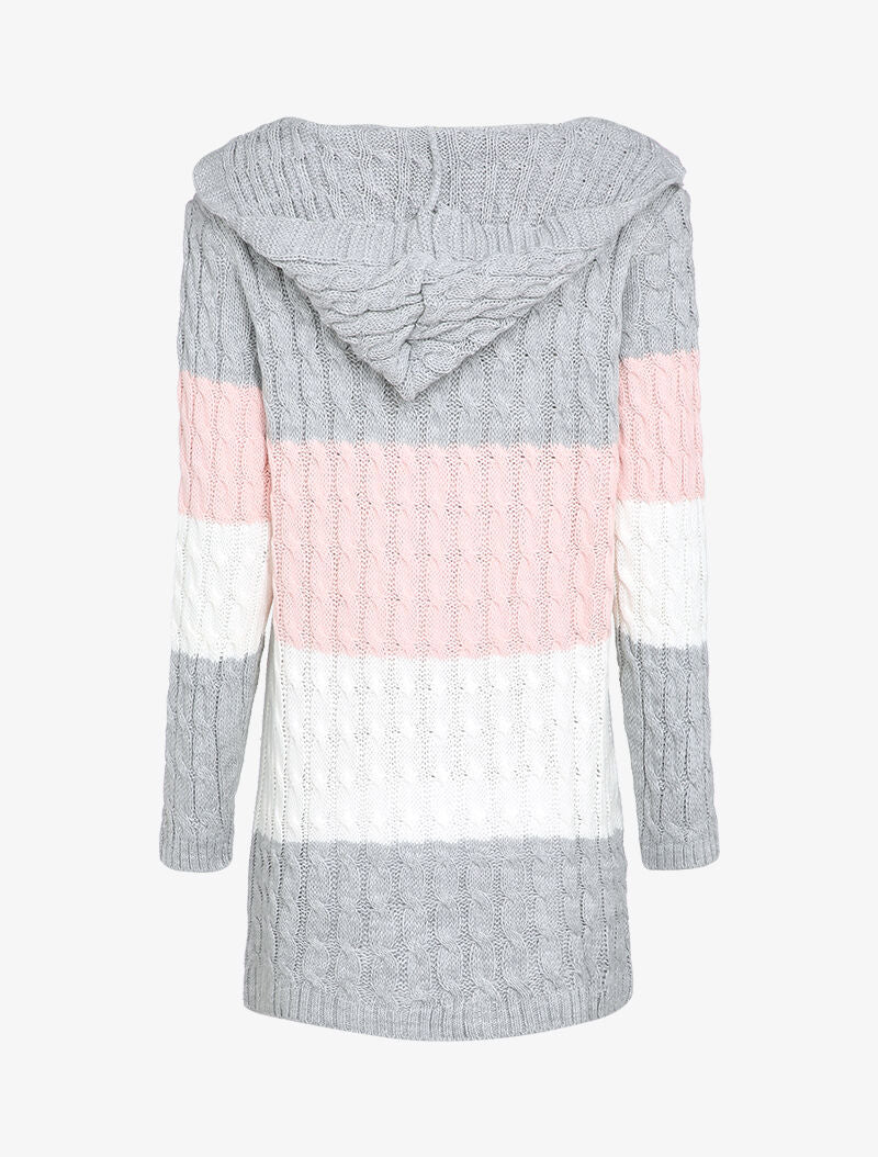 Gilet mi-long à capuche en maille tressée rayée - Rose - 2