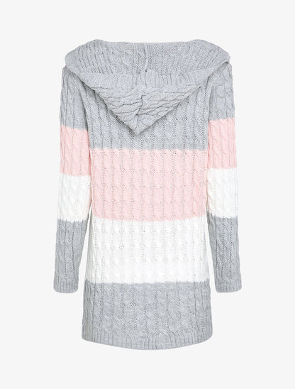 Gilet mi-long à capuche en maille tressée rayée - Rose - 2