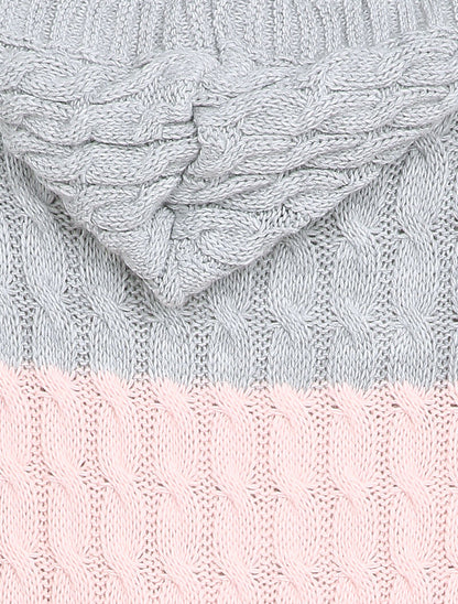 Gilet mi-long à capuche en maille tressée rayée - Rose - 3