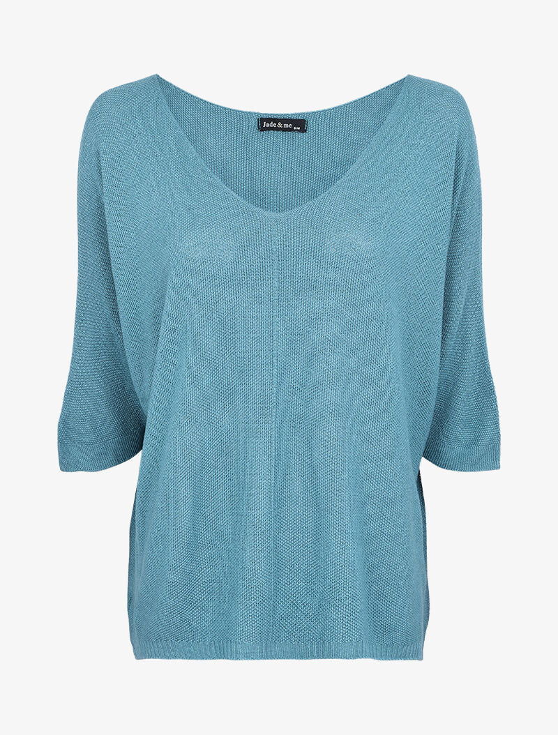 Pull loose en maille fine à manches 3/4 - Bleu charrette - 1