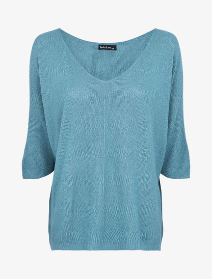 Pull loose en maille fine à manches 3/4 - Bleu charrette - 1