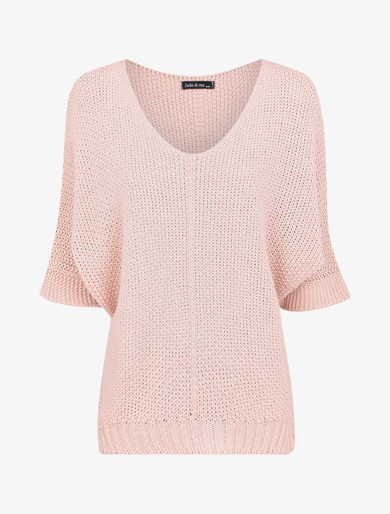 Pull oversize à manches 3/4 et col U - Rose poudré - 1