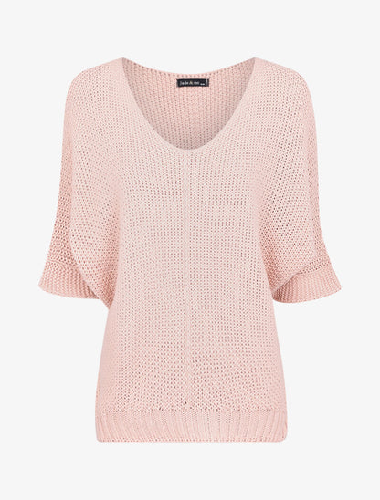 Pull oversize à manches 3/4 et col U - Rose poudré - 1