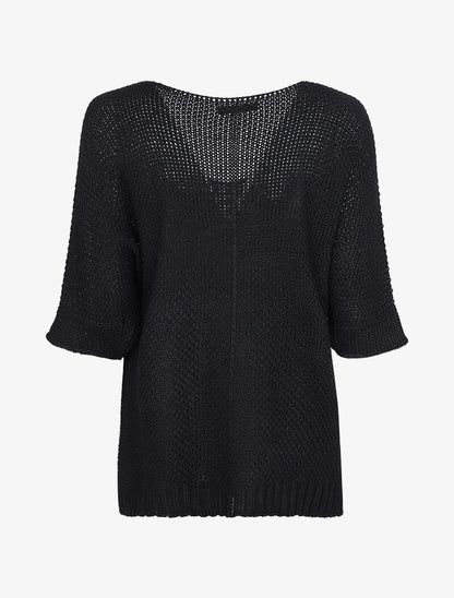Pull oversize à manches 3/4 et col U - Noir - 2