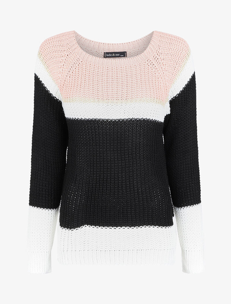 Pull en maille rayée irisée et manches raglan - Rose poudré - 1
