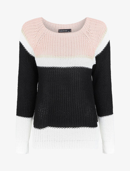 Pull en maille rayée irisée et manches raglan - Rose poudré - 1