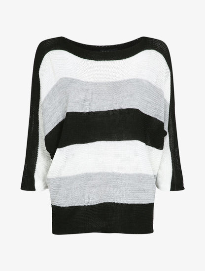 Pull loose à imprimé rayé et manches dolman - Noir - 1