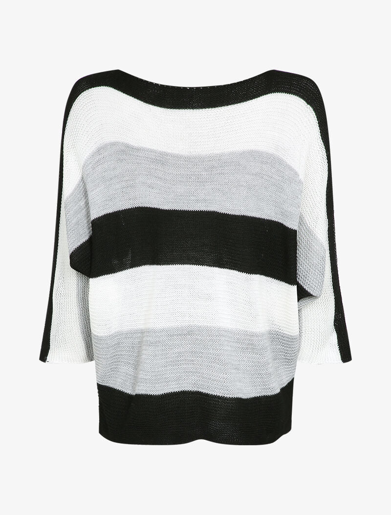 Pull loose à imprimé rayé et manches dolman - Noir - 2