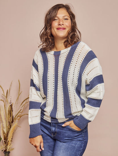 Pull oversize chauve-souris en maille ajourée - Bleu/blanc - 4