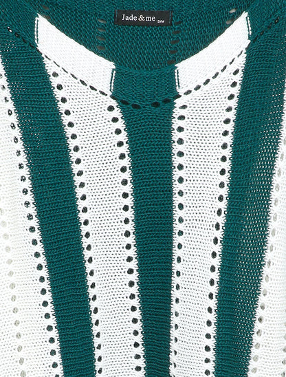 Pull oversize chauve-souris en maille ajourée - Vert/blanc - 3
