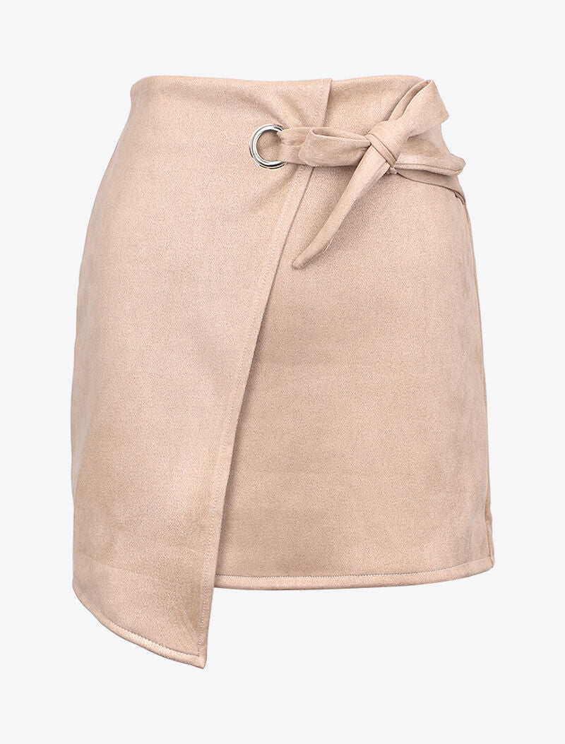 Jupe portefeuille en suédine à pan asymétrique - Beige - 1