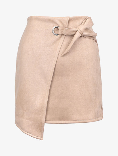 Jupe portefeuille en suédine à pan asymétrique - Beige - 1