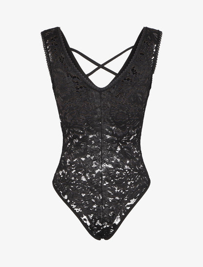 Body échancré en dentelle à bustier coquée - Noir - 2