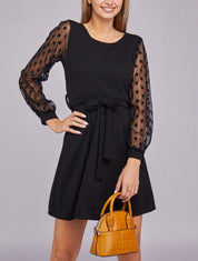 Robe patineuse à manches en voile à pois - Noir - 5