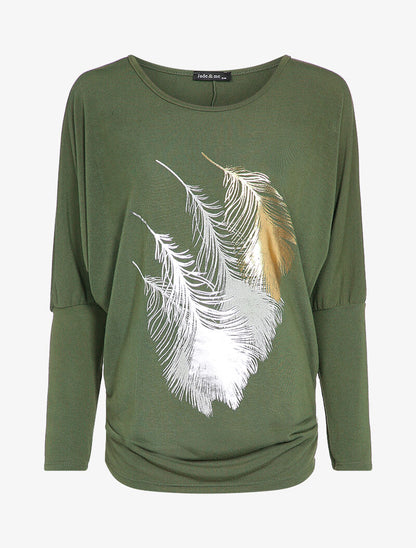 Top manches dolman à motifs plumes - Kaki - 4