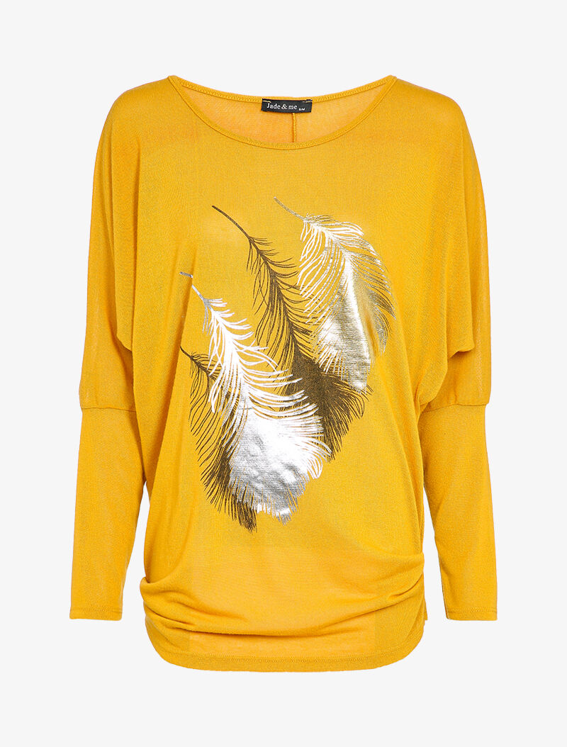 Top manches dolman à motifs plumes - Moutarde - 1