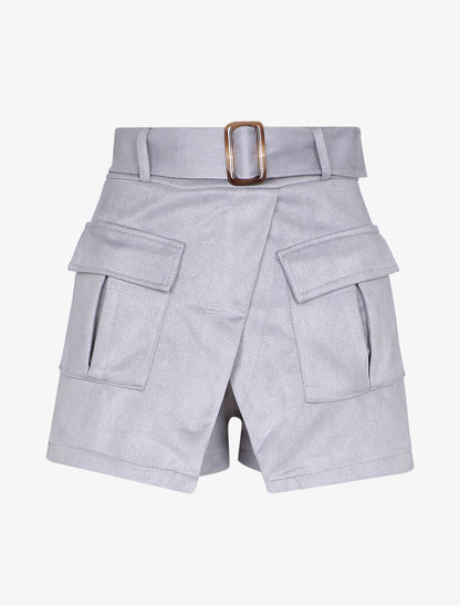 Short style jupe portefeuille en suédine - Gris clair - 1