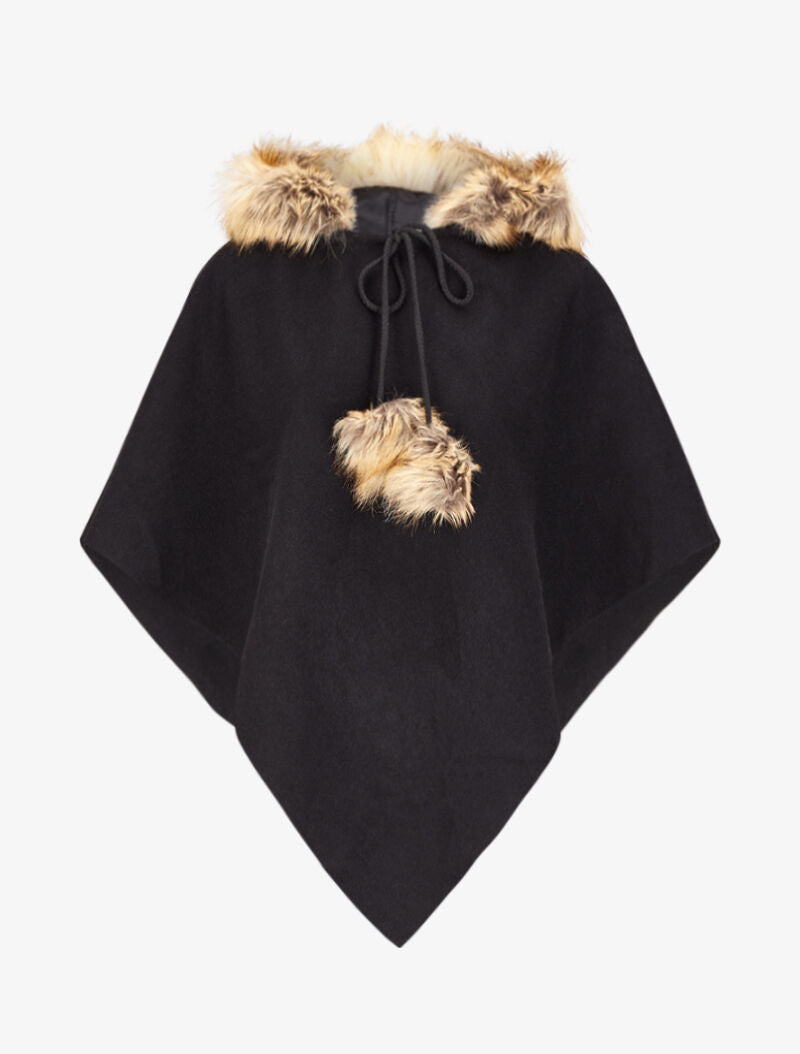 Poncho en V à capuche et détail fausse fourrure - Noir - 4