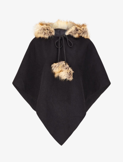 Poncho en V à capuche et détail fausse fourrure - Noir - 4