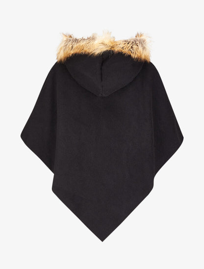 Poncho en V à capuche et détail fausse fourrure - Noir - 2