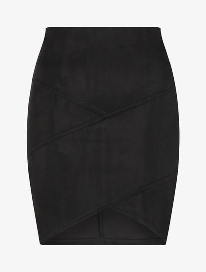 Jupe en suédine à bords asymétriques et coutures contrastantes - Noir - 1