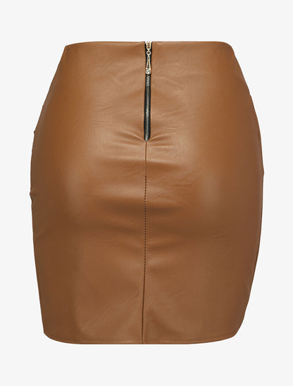 Mini jupe portefeuille en simili - Camel - 2