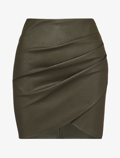Mini jupe portefeuille en simili - Kaki - 4