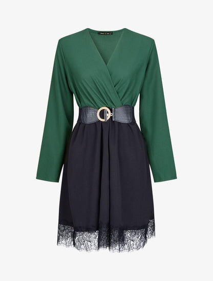 Robe cache-coeur bicolore à bord en dentelle - Vert - 4